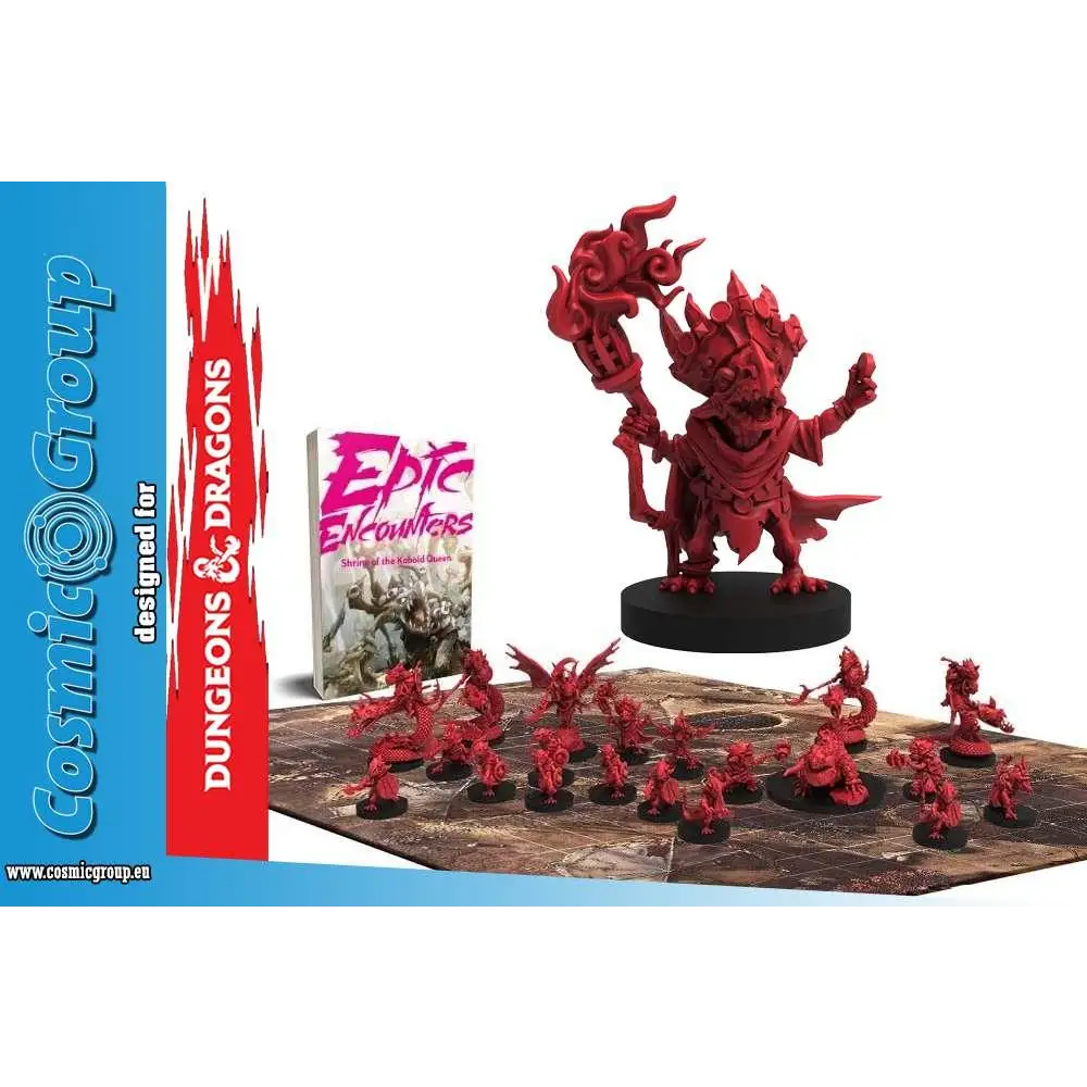 Röd demonisk miniatyr med flammande rustning och fackla på svart bas i Epic Encounter: Shrine of the Kobold Queen