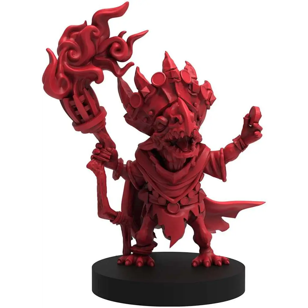 Röd, detaljerad miniatyrfigur av demonisk varelse med flammande fackla i Epic Encounter: Shrine of the Kobold Queen