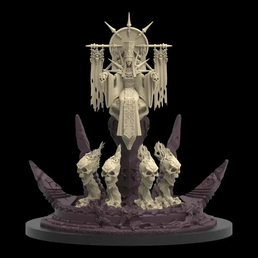 Beige miniatyrfigur av skelettkronad kejsarinna på tron med flammande skalleminions i Epic Encounter: Tower of Lich Empress