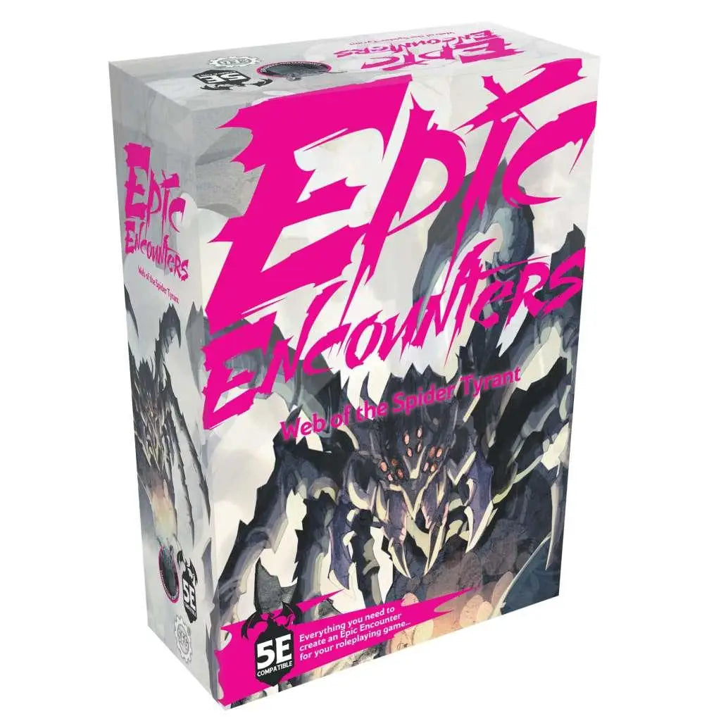Epic Encounters: Web of the Spider Tyrant box with pink text and spider creature on rocky background