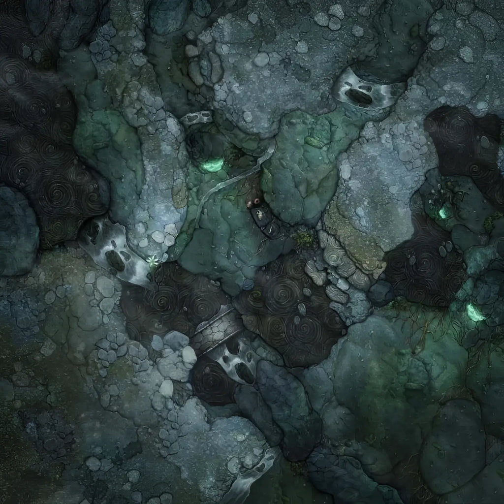 Texturerad mörkgrön och grå sten med glödande smaragddetaljer på dubbelsidig stridskarta Es