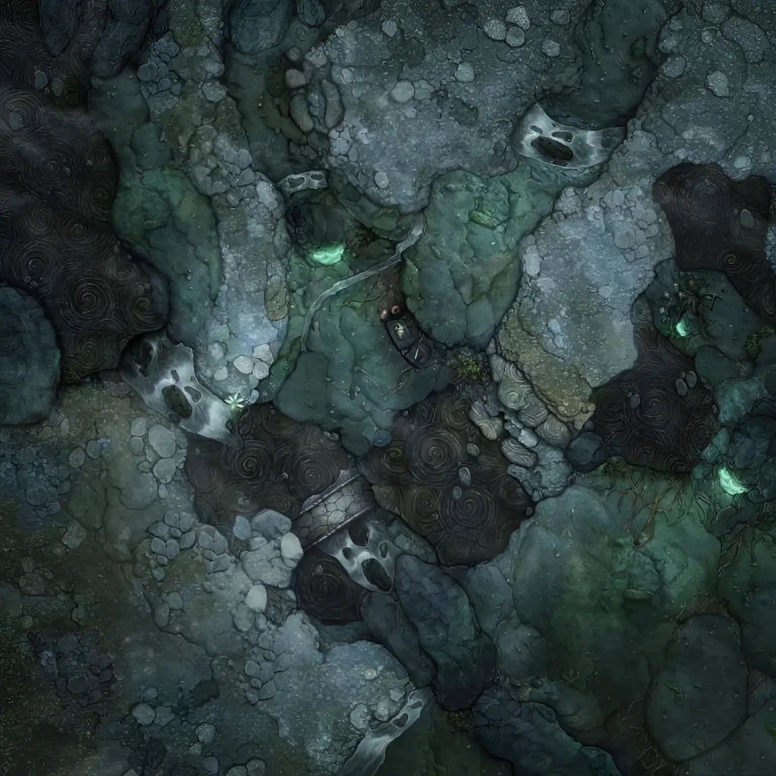 Texturerad mörkgrön och grå sten med glödande smaragddetaljer på dubbelsidig stridskarta Es