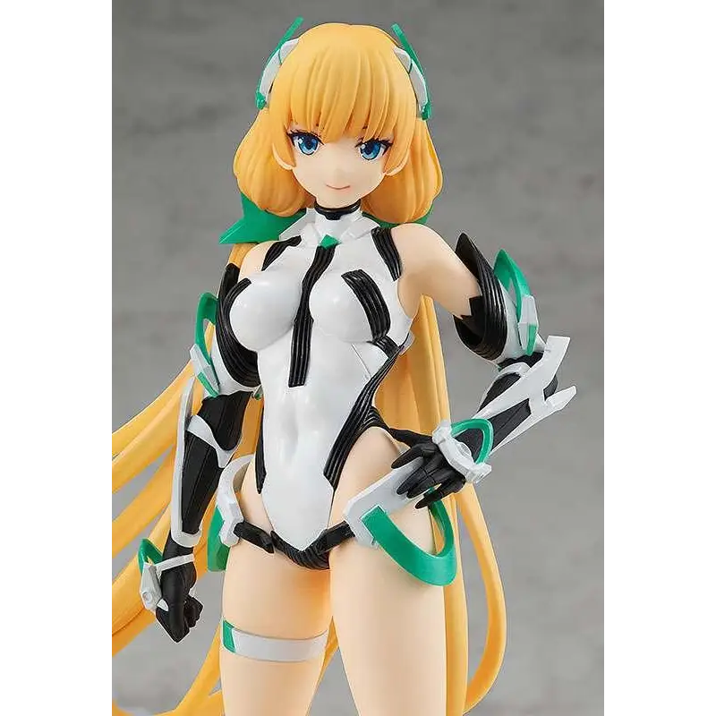Detaljerad animefigur av blond Angela Balzac i vit, svart, grön stridskostym