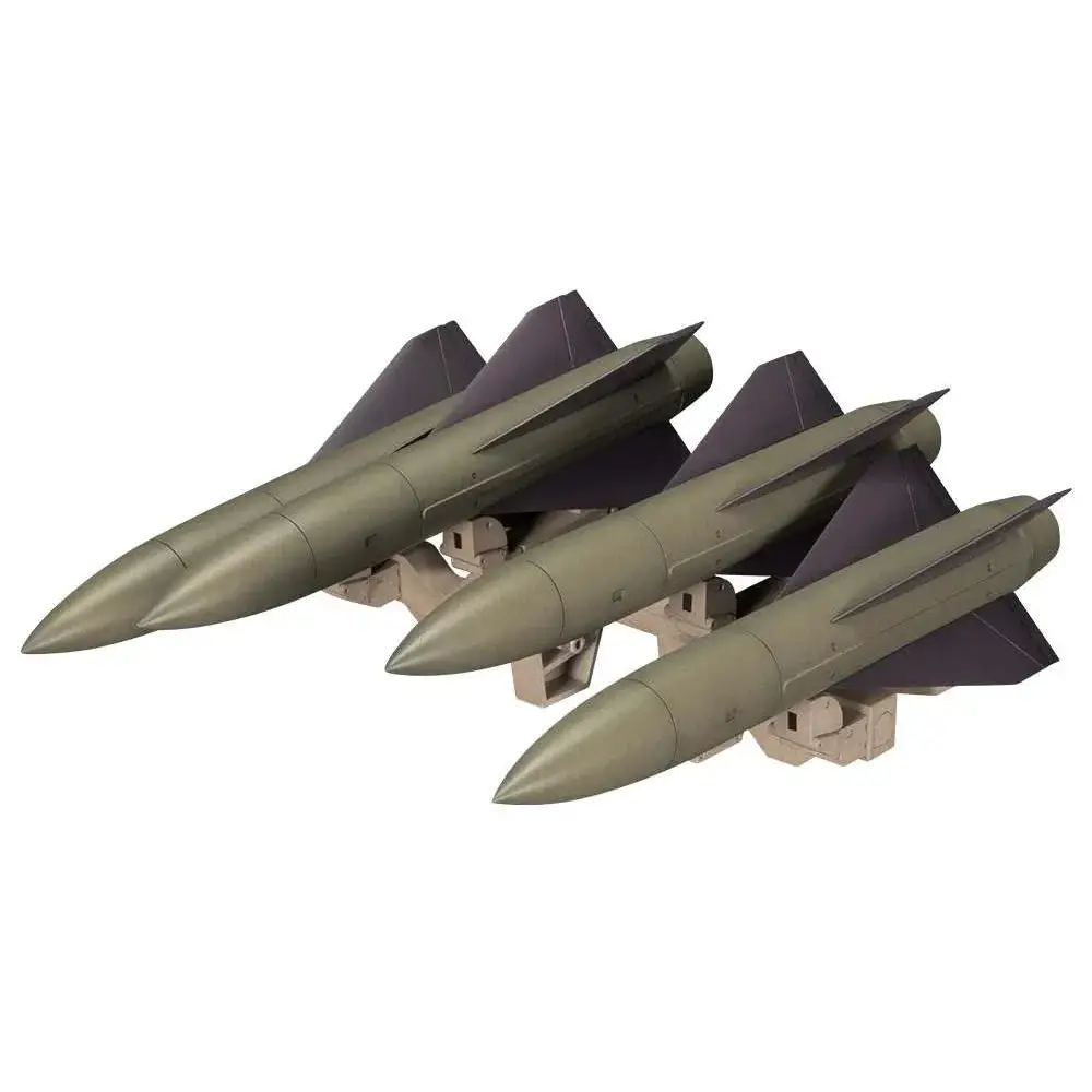 Tre olivgröna missilmodellkit monterade på tan bas för Extend Arms 07 - Improved HAWK för Frame Arms