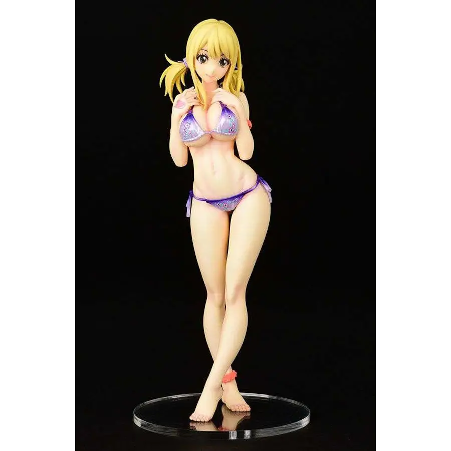 Detaljerad anime-figur av Lucy Heartfilia i lila svart simdräkt, 1/6 PVC-staty