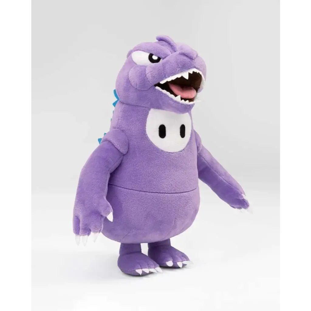 Lila Godzilla Fall Guys plysch med blå taggar och öppen mun