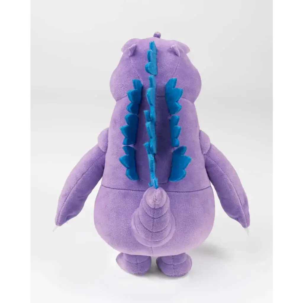 Lila Fall Guys Godzilla plysch med blå taggig ryggfena och stjärt, hållbar kvalitet