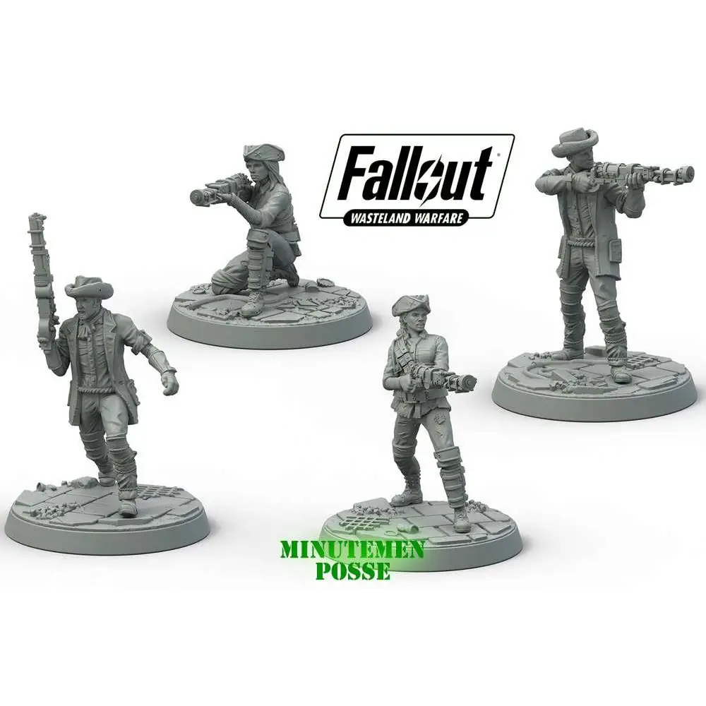 Gråa plastminiatyrer av Minutemen-soldater i Fallout: Wasteland Warfare-posseset, med vapen på detaljerade baser