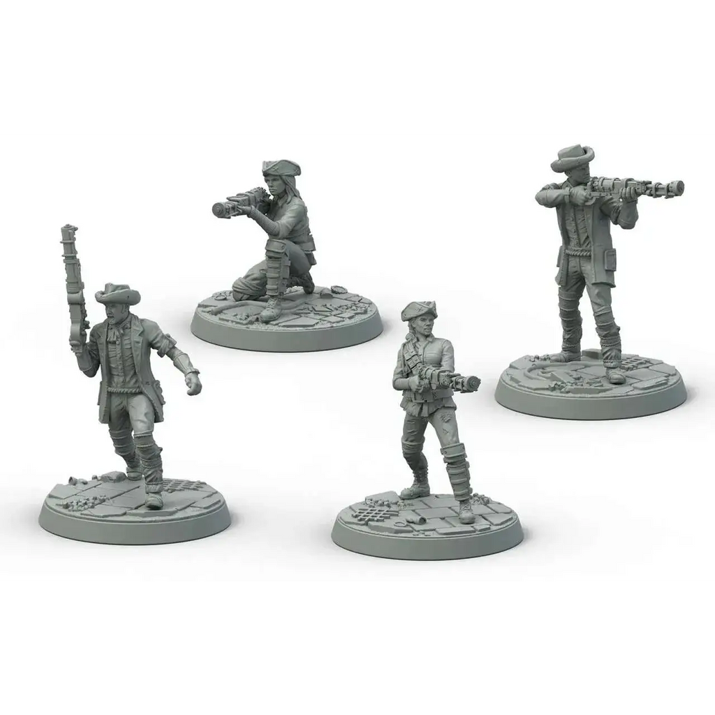 Grå plastminiatyrer av Minutemen-soldater från Fallout: Wasteland Warfare på cirkulära baser