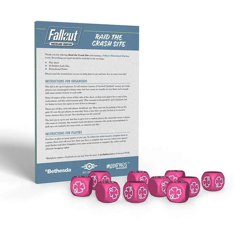 Rosa tärningar med vita fyrklövermotiv i Fallout Wasteland Warfare-organisatörspaket