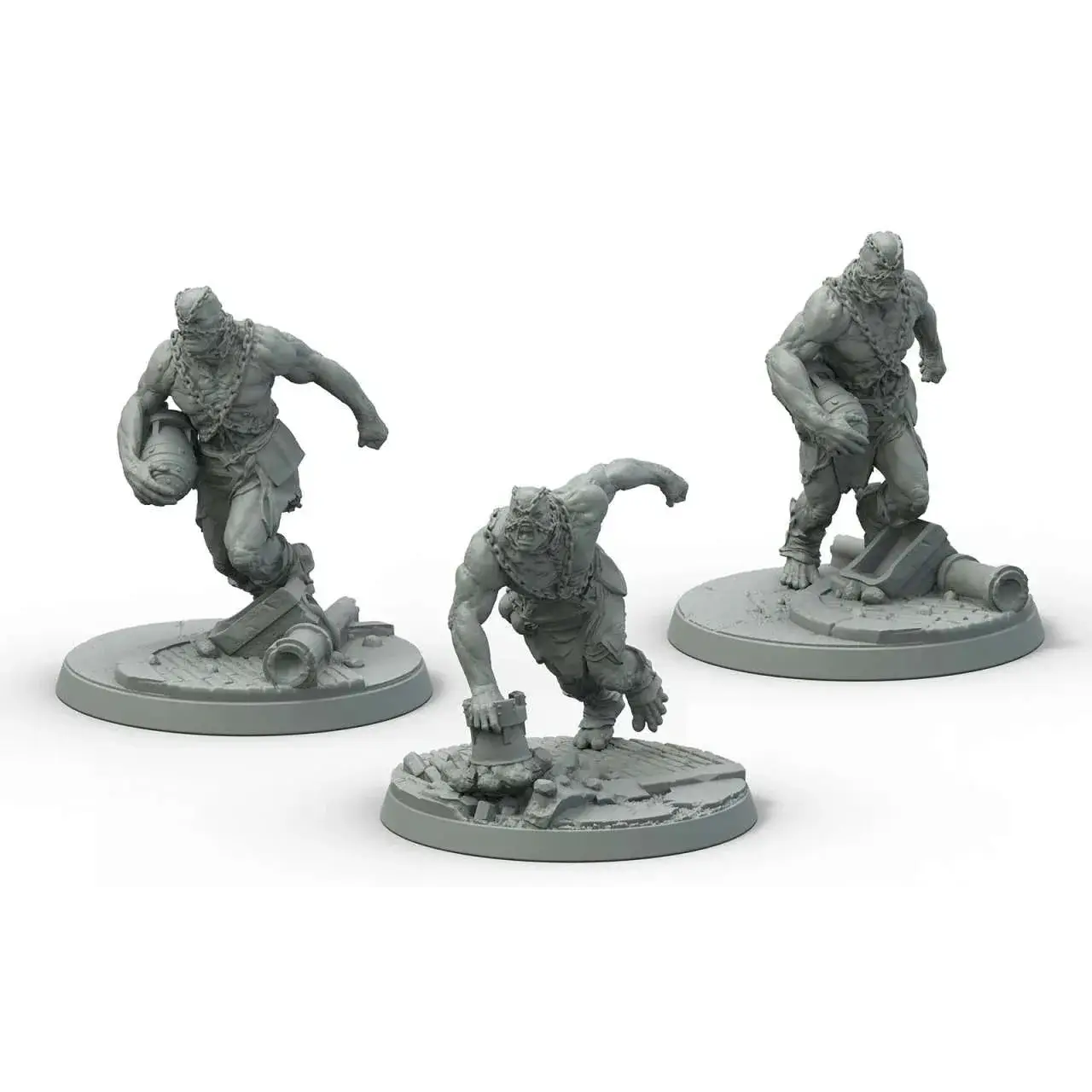 Tre grå plastminiatyrer av muskulösa super mutants med kedjor i dynamiska poser på runda baser från Fallout Wasteland Warfare Suiciders Set