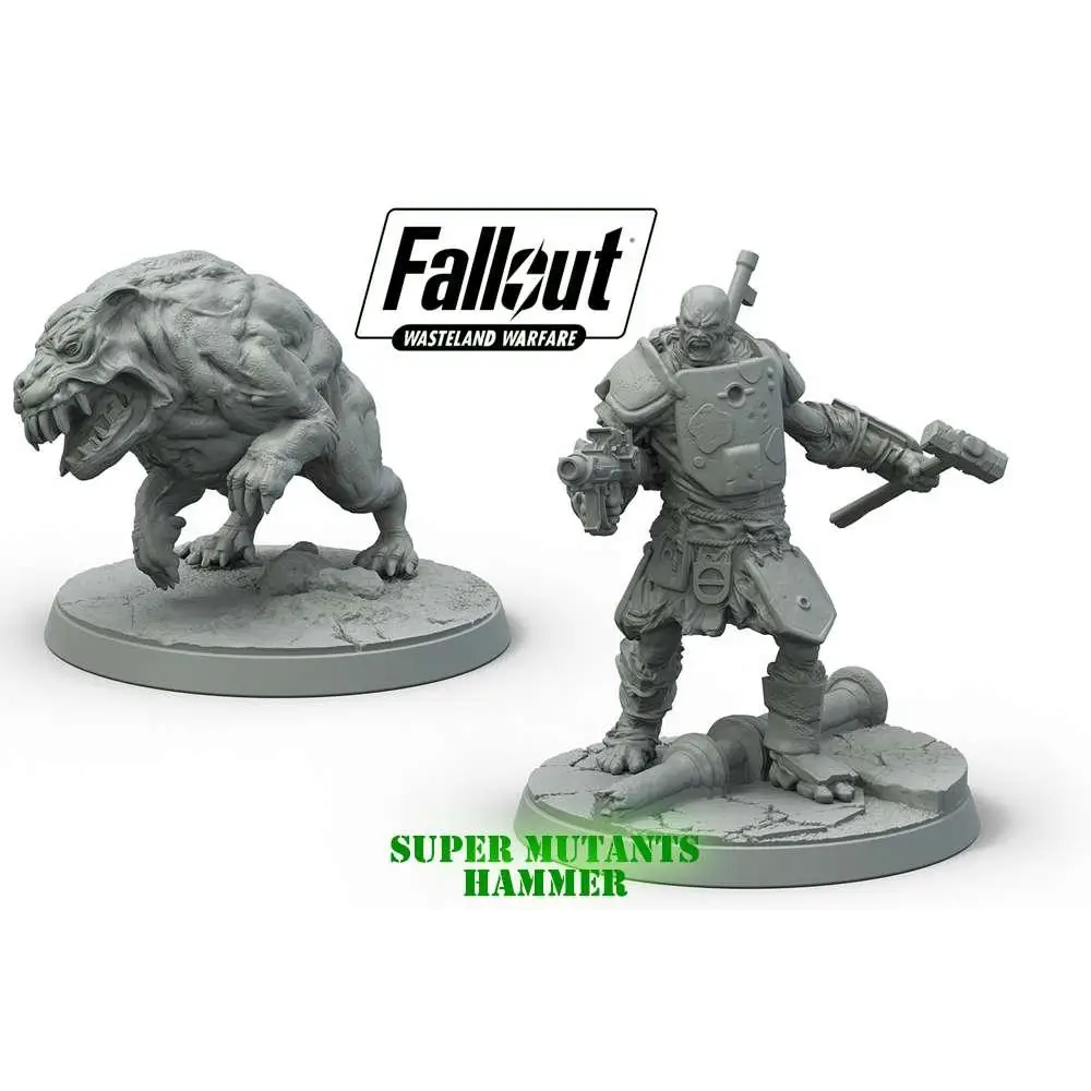 Grå plastfigur av super mutant med hammare från Fallout: Wasteland Warfare