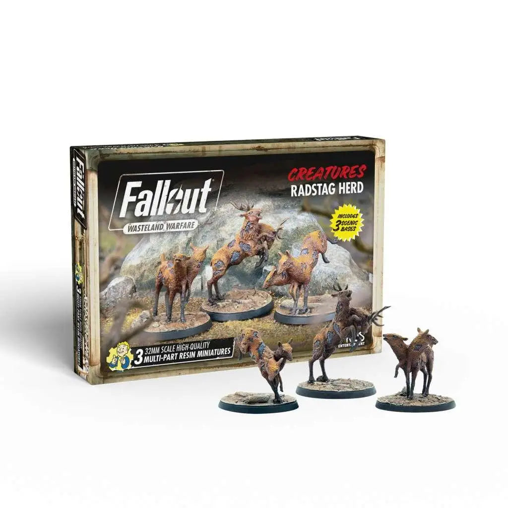 Fallout Wasteland Warfare radstag herd miniatyrer med tre detaljerade bruna och tan resinvarelser med horn på cirkulära baser