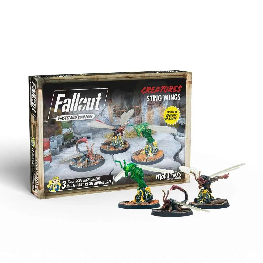 Fallout WW Kreaturer: Stingwings-figurer i grön, röd och svart resin med vita vingar