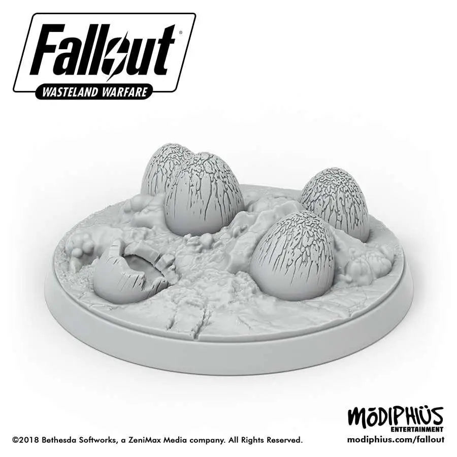 Grå plastminiatur med Mirelurk-ägg och skal för Fallout Wasteland Warfare