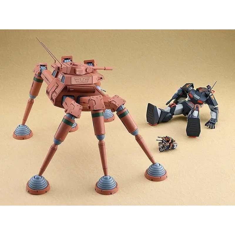 Tanfärgad sexbens mecha Fang o/t Sun Dougram Desert Gunner MK 1/72 modell med blå och gröna accenter på benen