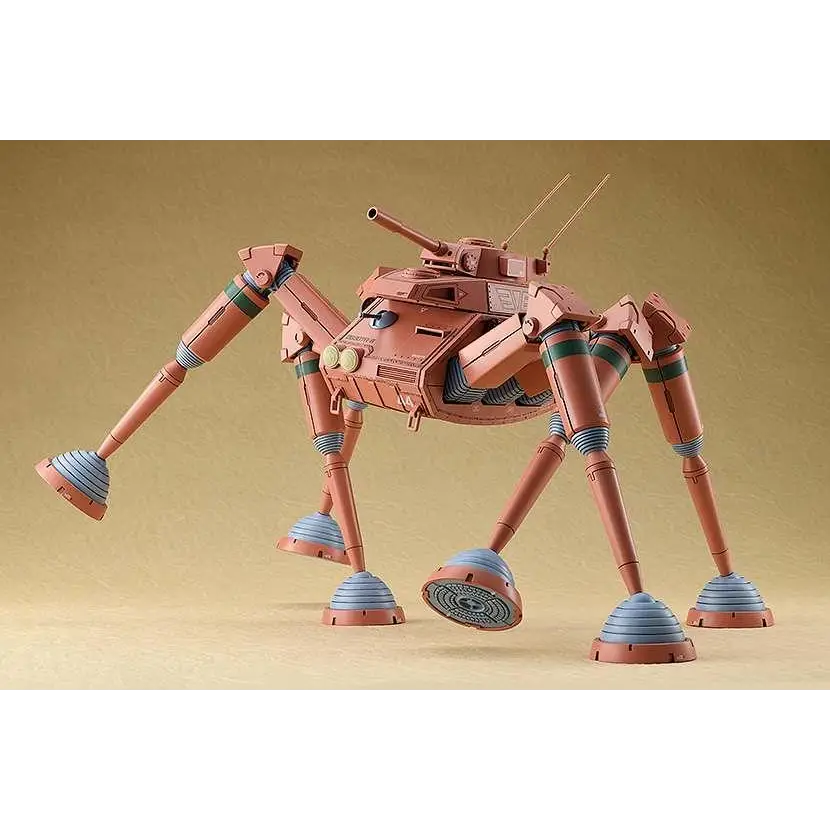 Tanfärgad plastmodell av sexbens tankrobot med blågröna randiga leder, Fang o/t Sun Dougram Desert Gunner MK 1/72
