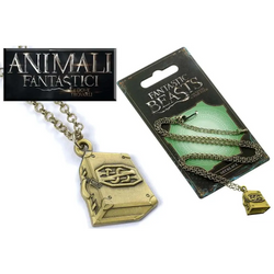 Guldigt metallhalsband med bokformad pendant och Fantastic Beasts-logo i officiell förpackning
