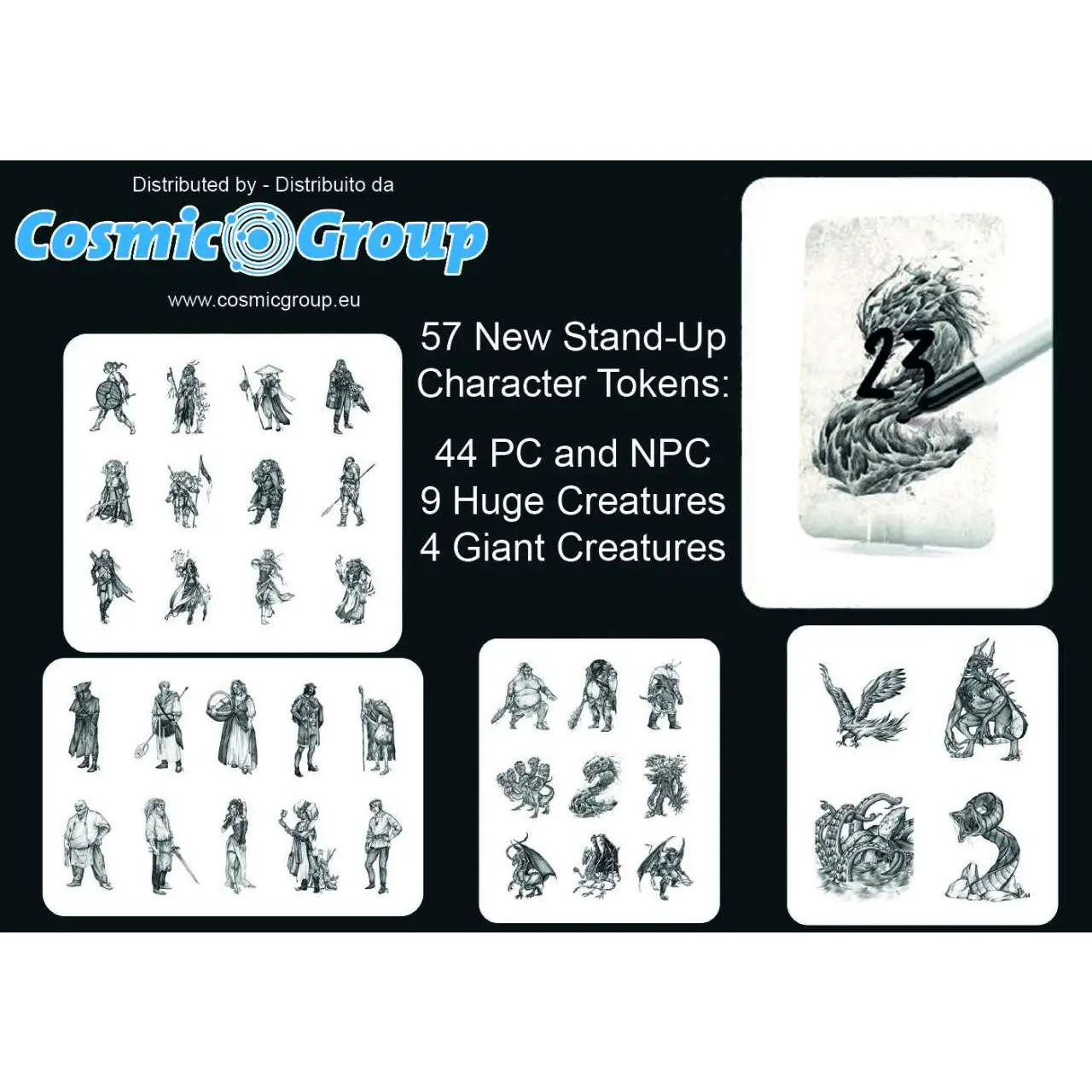 Svartvita skissfigurer för Fantasy World Creator Treasure Pack, 57 unika tokens