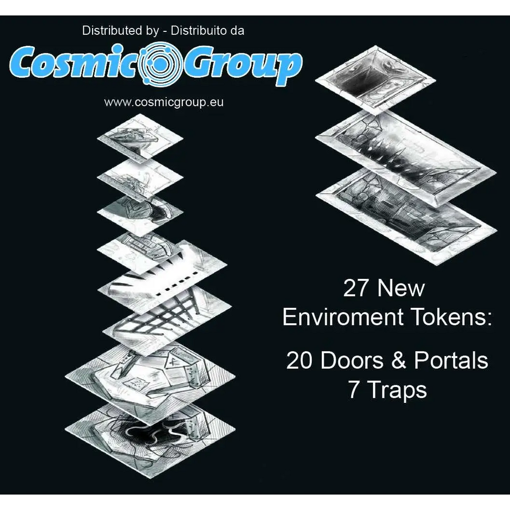 27 svartvita skissmiljötokens med 20 dörrar och 7 fällor från Fantasy World Creator Treasure Pack