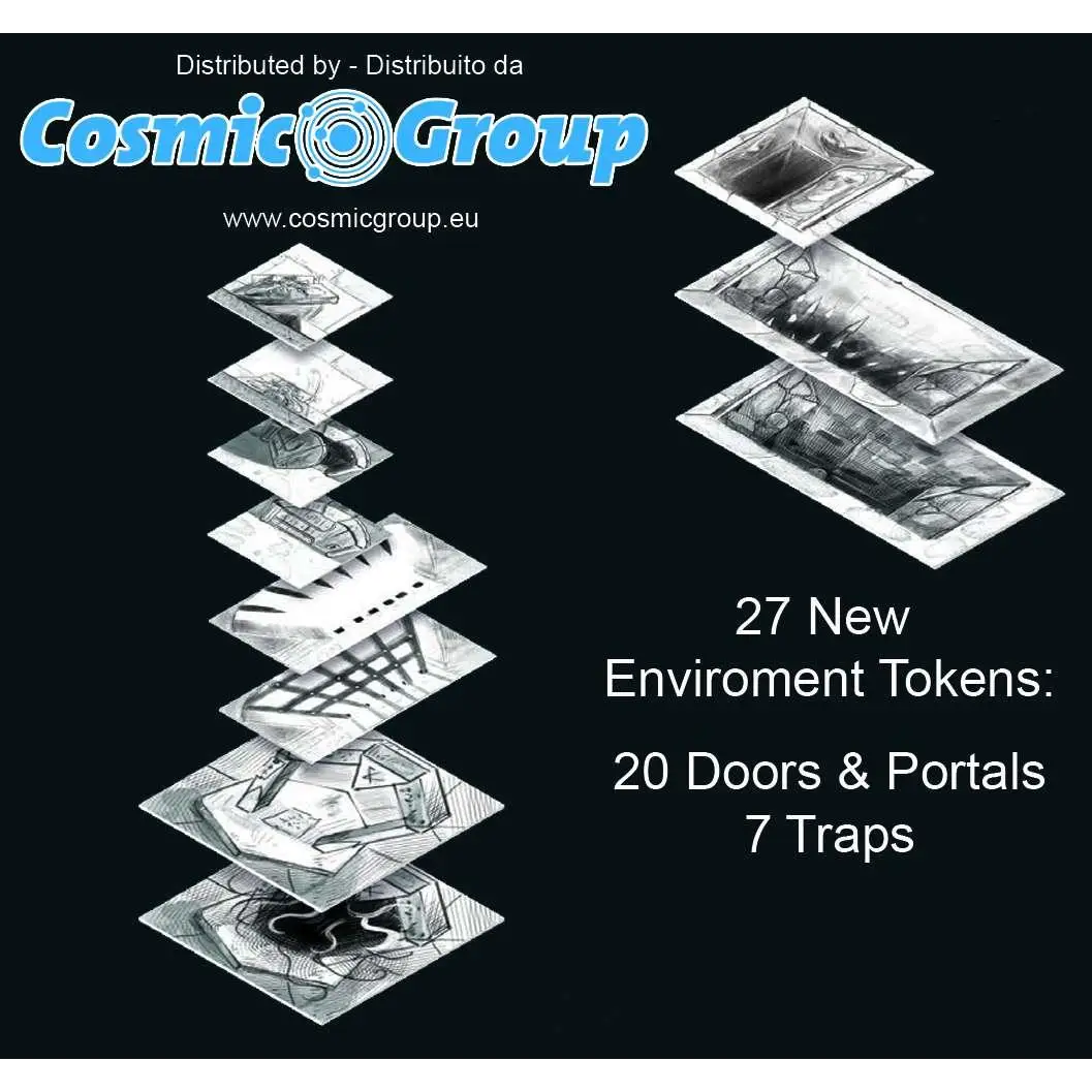 27 svartvita skissmiljötokens med 20 dörrar och 7 fällor från Fantasy World Creator Treasure Pack