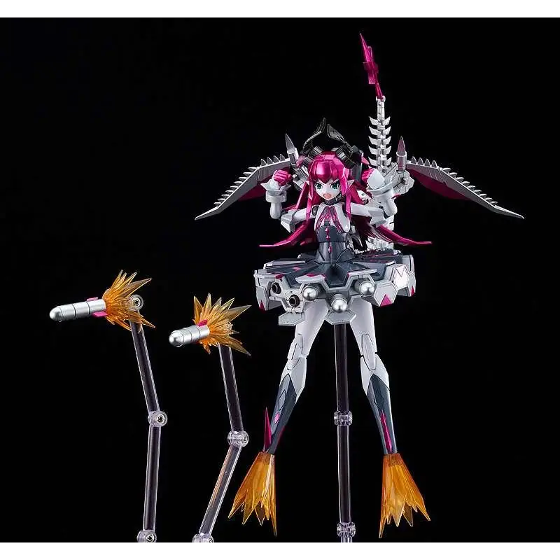 Fate/Grand Order Mecha Eli-chan HAGANE WORKS actionfigur med rosa hår, silver- och svart rustning, vingliknande tillbehör och orange flamspetsade vapen