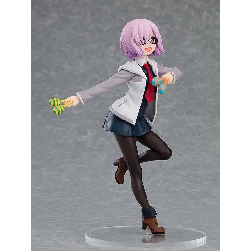 Fate/Grand Carnival Mash Kyrielight figurin med lila hår, vit väst, röd slips, marinblå kjol och gröngula maracas