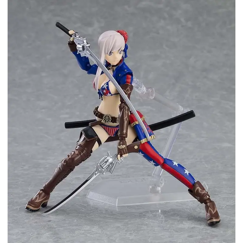 Fate/Grand Order Berserker Miyamoto Musashi figma-figur med silverhår, blå-röd stjärn- och randig dräkt, två svärd i dynamisk kamp pose