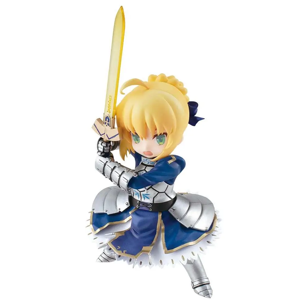 Blå och silver rustad figur av blond Altria Pendragon med gyllene svärd från Fate/Grand Order Desktop Army