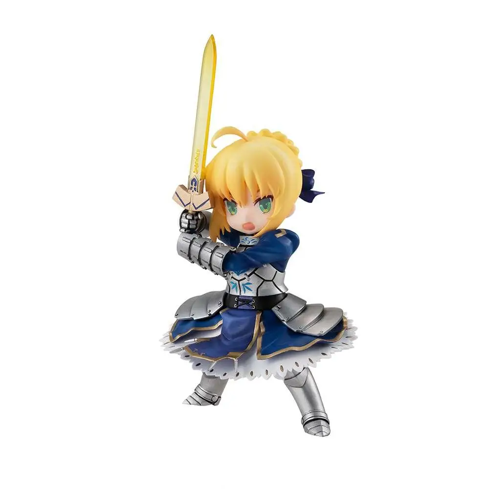 Chibi-figur av Saber/Altria Pendragon från Fate/Grand Order i blå och silver rustning med gyllene svärd