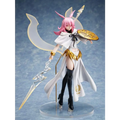 Rosa hårig animefigur Valkyrie Hildr med kaninöron, vit mantel, svarta stövlar, gyllene sköld och svärd