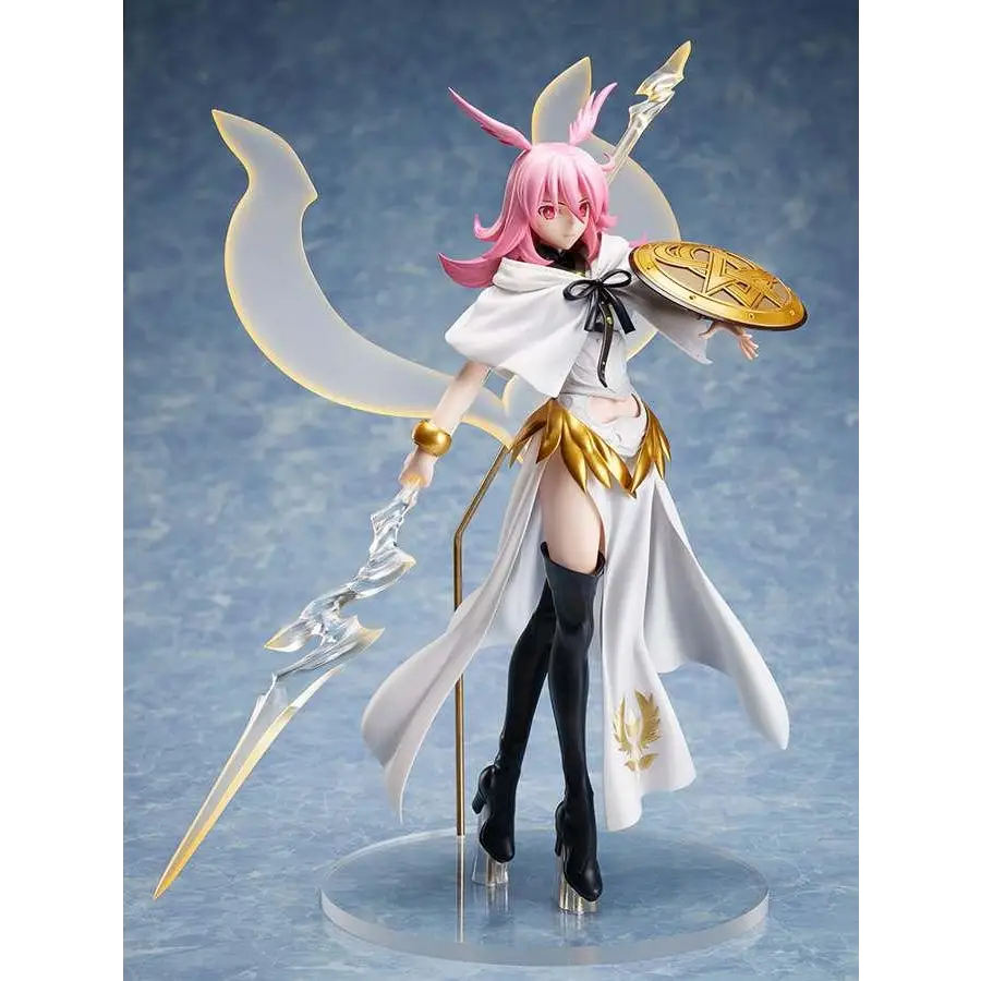 Rosa hårig animefigur Valkyrie Hildr med kaninöron, vit mantel, svarta stövlar, gyllene sköld och svärd