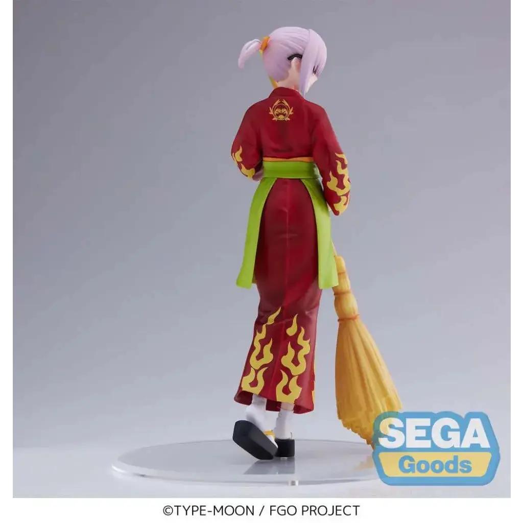Röd-gul flam-mönstrad kimono-figur med lila hår i hästsvans, håller gyllene kvast, Fate/Grand Order Mash Kyrielight SPM Fig - Enmatei Coverall Apr