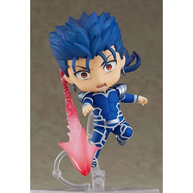 Blå spretthårig animefigur i blå och silver rustning med rosa svärd, Nendoroid Cú Chulainn (Lancer) från Fate/Grand Order