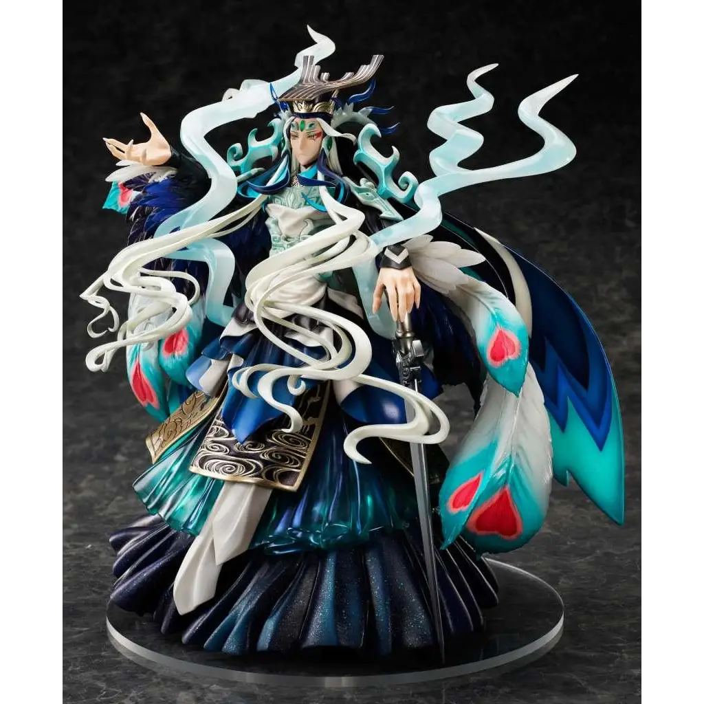Detaljerad figur av Ruler Qin från Fate/Grand Order i blå-vit kostym med genomskinliga energitendrils, 1/7 skala