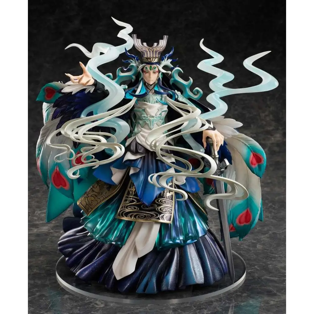Detaljerad figur av Ruler Qin från Fate/Grand Order i blå och turkos mantel med vit energi