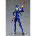 Blå rustad Lancer-figur med röd spjut från Fate/stay night Heaven’s Feel, silverdetaljer, på klar rund bas