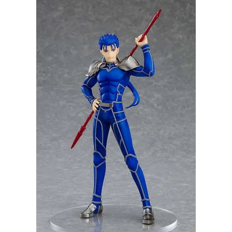Blå rustad Lancer-figur med röd spjut från Fate/stay night Heaven’s Feel, silverdetaljer, på klar rund bas
