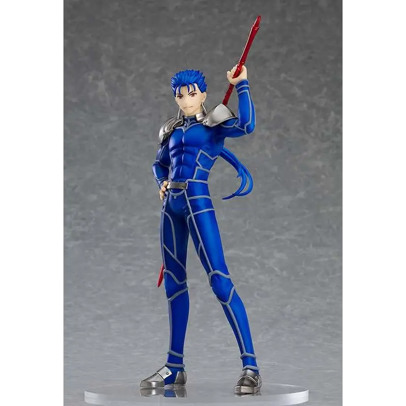 Blå rustad Lancer-figur från Fate/stay night Heavens Feel i dynamisk pose med röd spjut