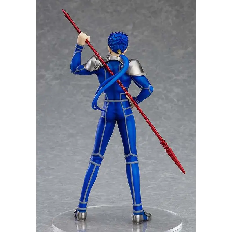 Blå rustad Lancer-figur med spikig blå hår och röd spjut från Fate/stay night Heavens Feel