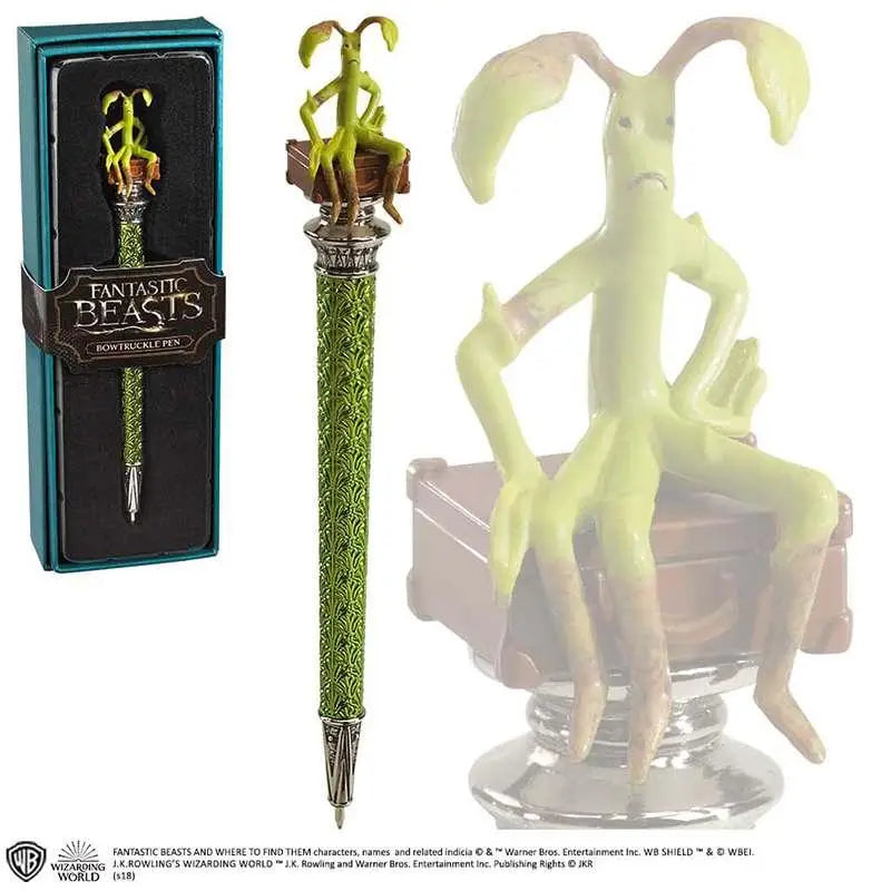 Grön och silverornamenterad penna med detaljerad bowtruckle-figur på locket, Fb Bowtruckle Pen