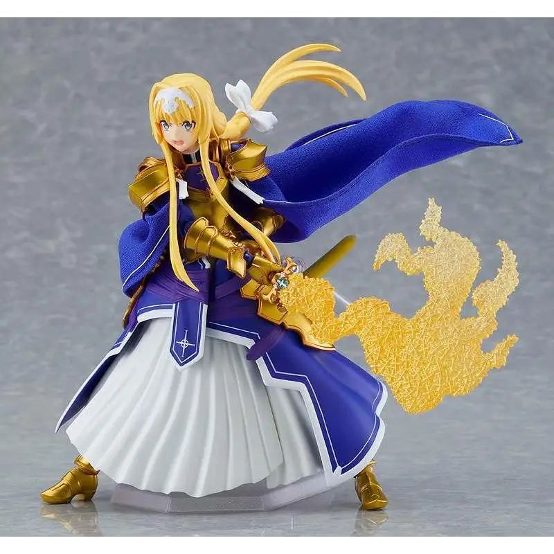Detaljerad Figma-figur av Alice Synthesis Thirty från Sword Art Online i gyllene rustning och blå-vit klänning med svärd