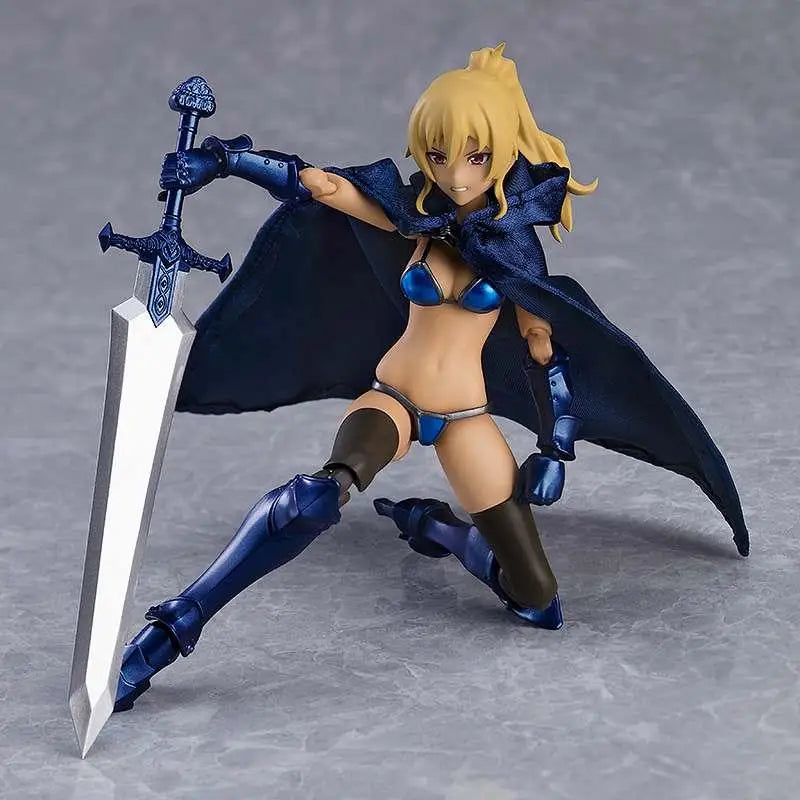 Figma Makoto veteran bikini armor figur med blå rustning, blont hår, mantel och svärd