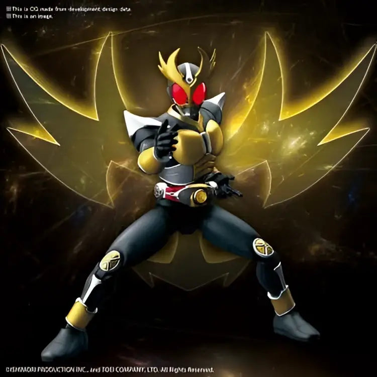 Guld- och svart rustad figur med röda öglinser och vingdesign på ryggen från Figure Rise Masked Rider Agito Ground F