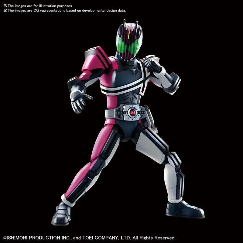 Rosa och svart pansrad actionfigur med grön visir och röd ädelsten i silverbälte från Figure Rise Masked Rider Decade