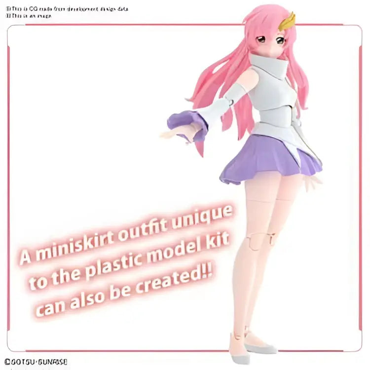 Rosa hårupp animefigur av Lacus Clyne från Figure Rise Seed i vit-lila minikjol med guldhorn