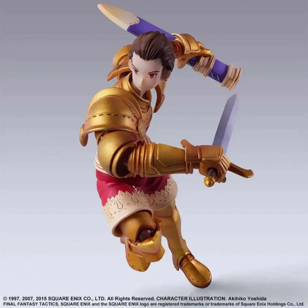 Guldpansrad Delita Heiral i dynamisk pose med svärd och sköld från Final Fantasy Tactics Bring Arts