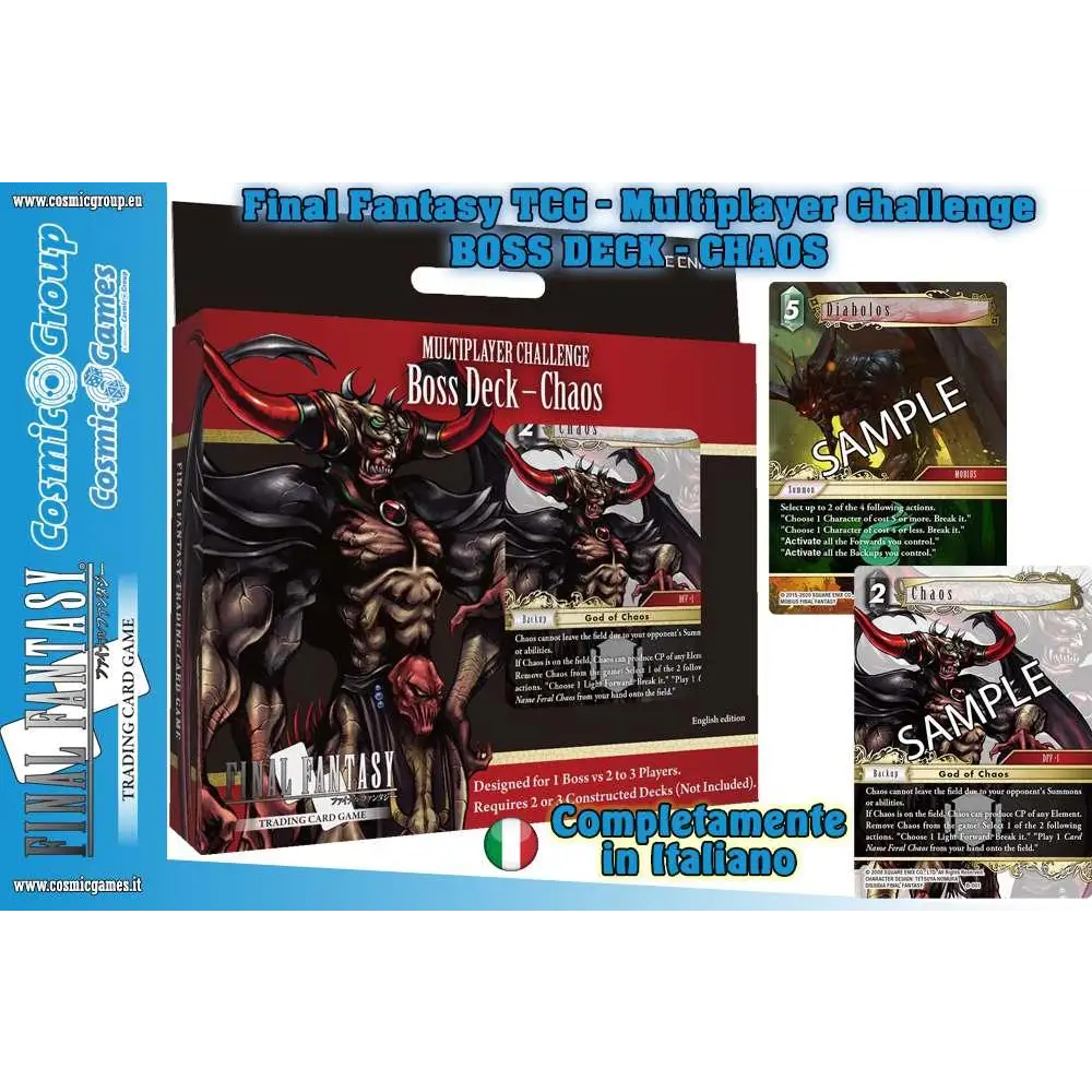 Röd och svart kartonglåda med demonisk varelse från Final Fantasy TCG Boss Deck Chaos