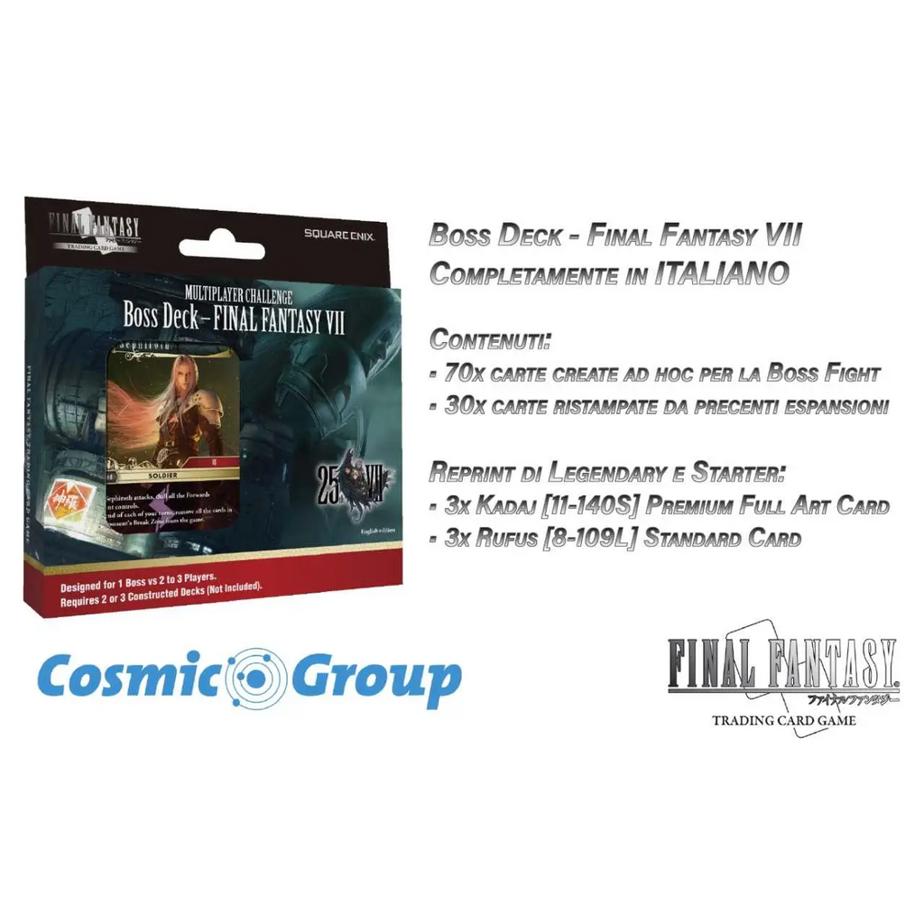 Final Fantasy VII boss deck för trading card game, mörk turkos och röd design med illustration