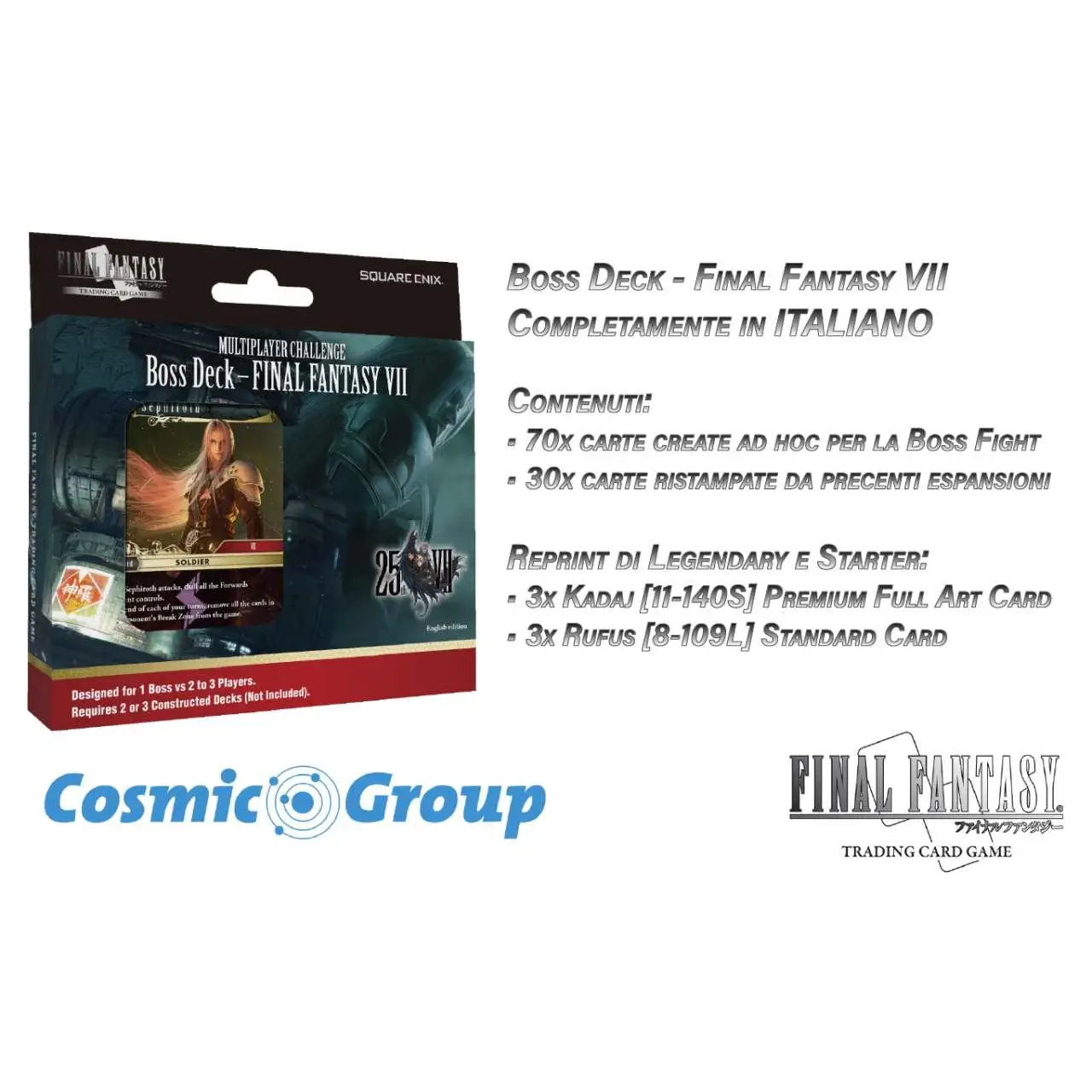 Final Fantasy VII boss deck för trading card game, mörk turkos och röd design med illustration